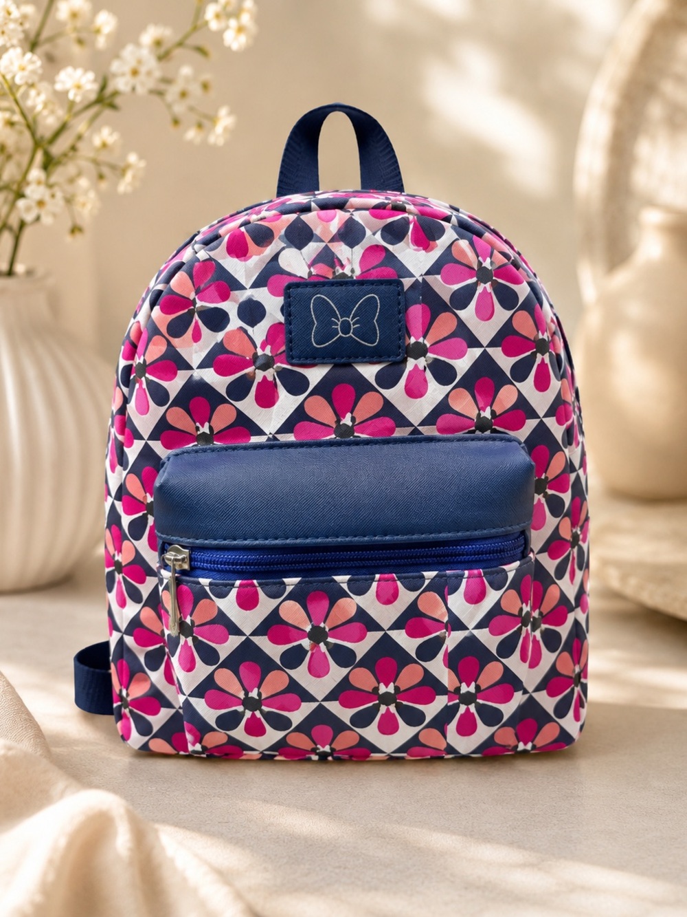 Pink Floral Mini Backpack with Navy Pocket